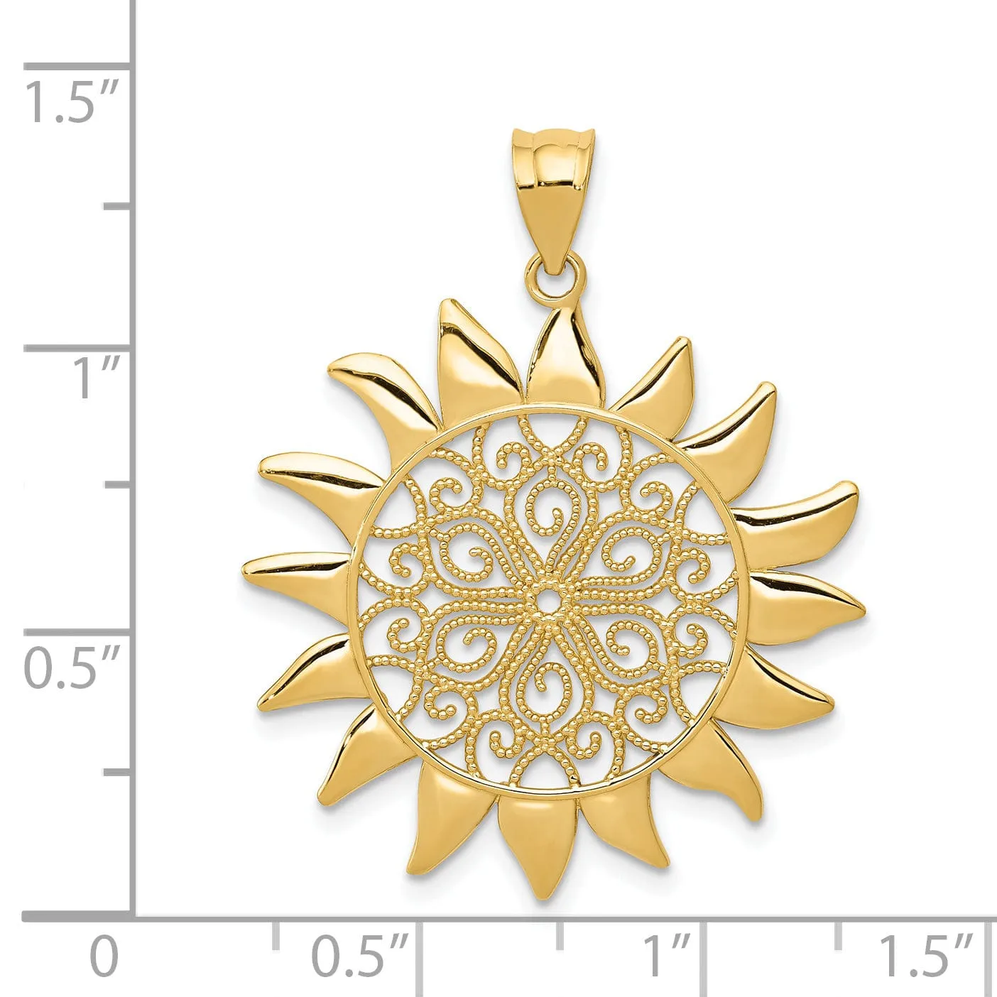 14k Yellow Gold Solid Texture Polished Finish Filigree Design Sun Charm Pendant