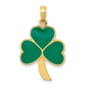 14k Yellow Gold Solid Textured Polished Finish Green Enameled Finish Shamrock Charm Pendant