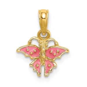 14K Yellow Gold Textured Back Solid Polished Finish Enamel Mini Pink Butterfly Charm Pendant