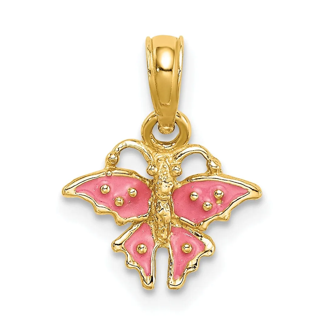 14K Yellow Gold Textured Back Solid Polished Finish Enamel Mini Pink Butterfly Charm Pendant