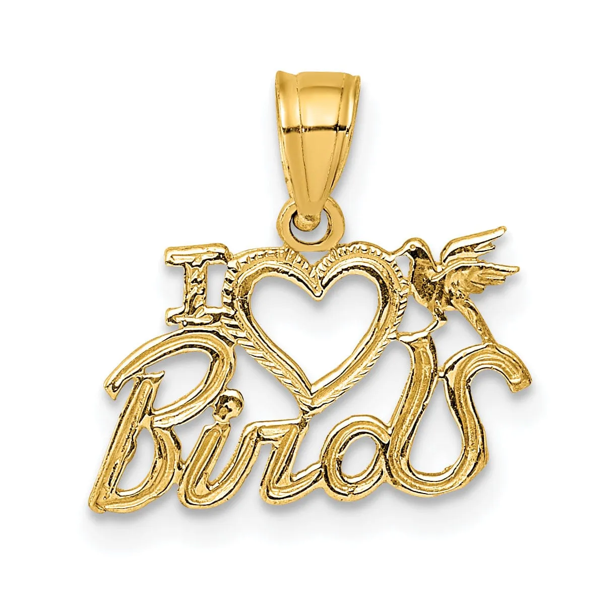 14K Yellow Gold Textured Polished Finish I HEART MY BIRD Design Charm Pendant