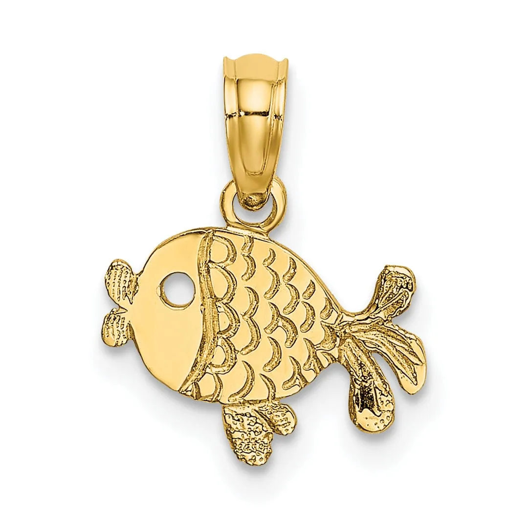 14K Yellow Gold Textured Polished Finish Playful Fish Design Charm Pendant