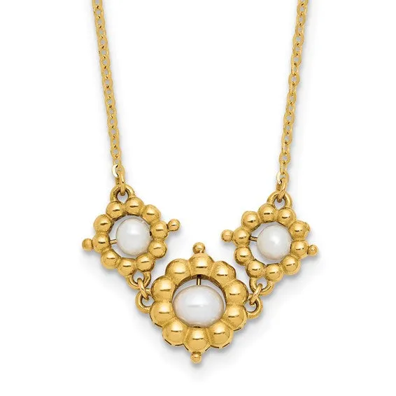 14k Yellow Gold Three Pearl Flower Necklace