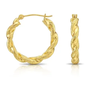 14k Yellow Gold Twisted Round Hoop Earrings with Hand Engraved Design