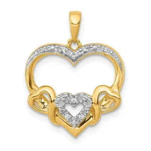 14k Yellow Gold, White Rhodium 0.028-CT Diamond Heart with Three Smaller Hearts Entwind Design Charm Pendant