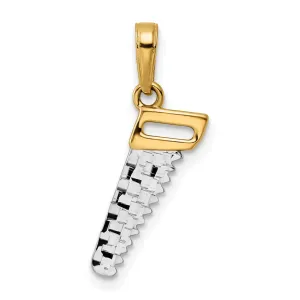 14k Yellow Gold, White Rhodium Diamond Cut Polished Finish Solid Reversible Hand Wood Saw Charm Pendant