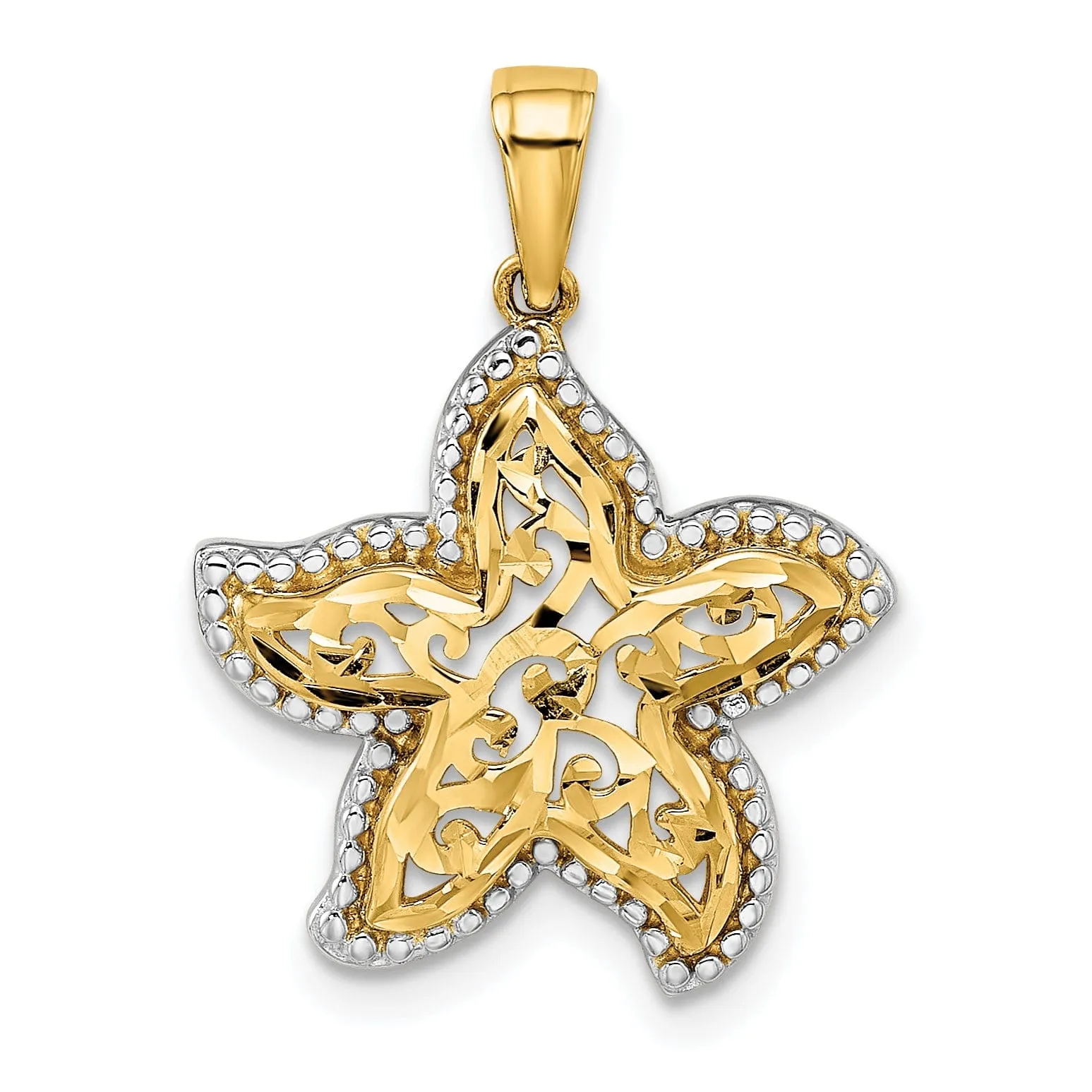 14k Yellow Gold White Rhodium Polished Finish Cut Out Fancy Design Starfish Charm Pendant