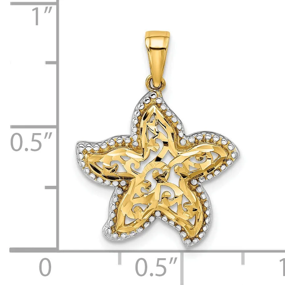 14k Yellow Gold White Rhodium Polished Finish Cut Out Fancy Design Starfish Charm Pendant