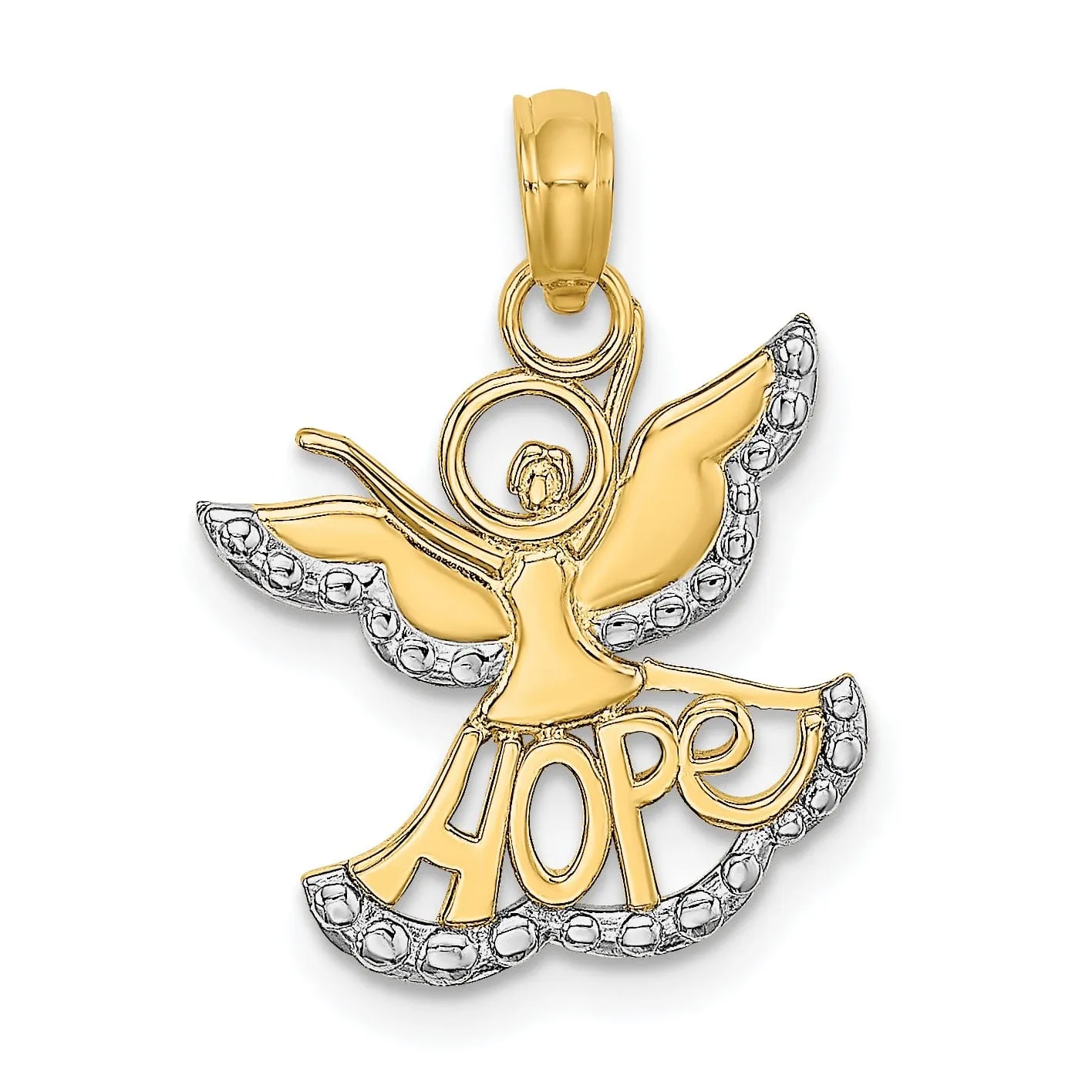 14K Yellow Gold White Rhodium Polished Finish HOPE Angel Pendant