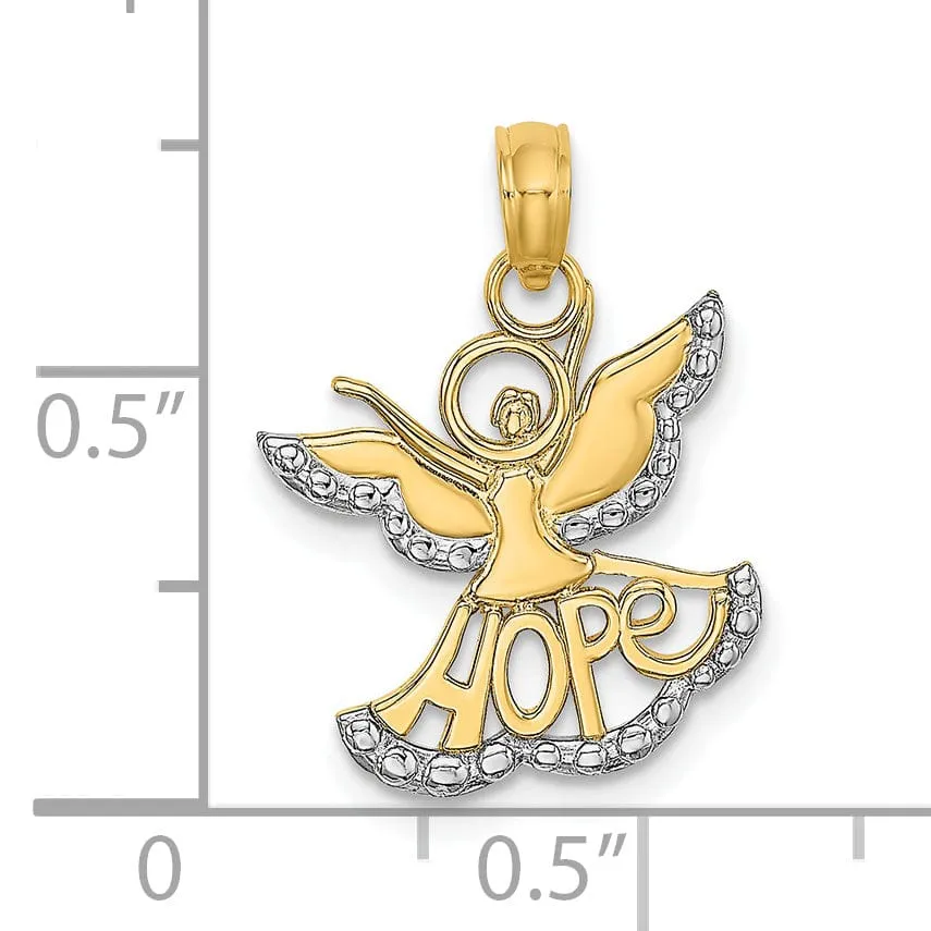 14K Yellow Gold White Rhodium Polished Finish HOPE Angel Pendant