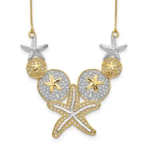 14k Yellow Gold, White Rhodium Solid Diamond Cut Finish Fancy Starfish and Sand Dollar Pendant Design in a 18-inch Box Chain Necklace Set