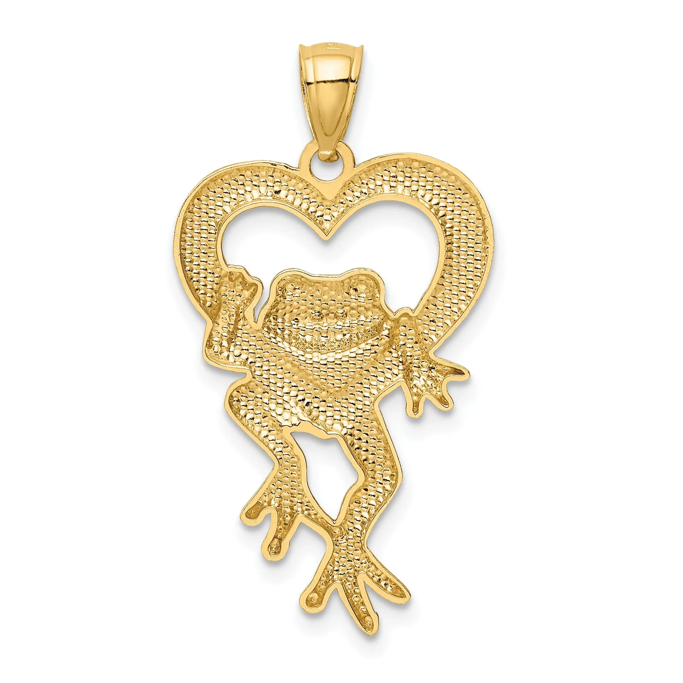 14k Yellow Gold White Rhodium Solid Diamond Cut Finish Frog in Heart Design Charm Pendant