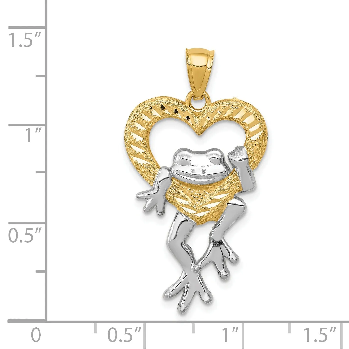 14k Yellow Gold White Rhodium Solid Diamond Cut Finish Frog in Heart Design Charm Pendant