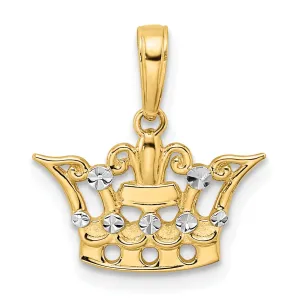 14k Yellow Gold White Rhodium Solid Polished Diamond Cut Finish Flat Back Crown Design Charm Pendant