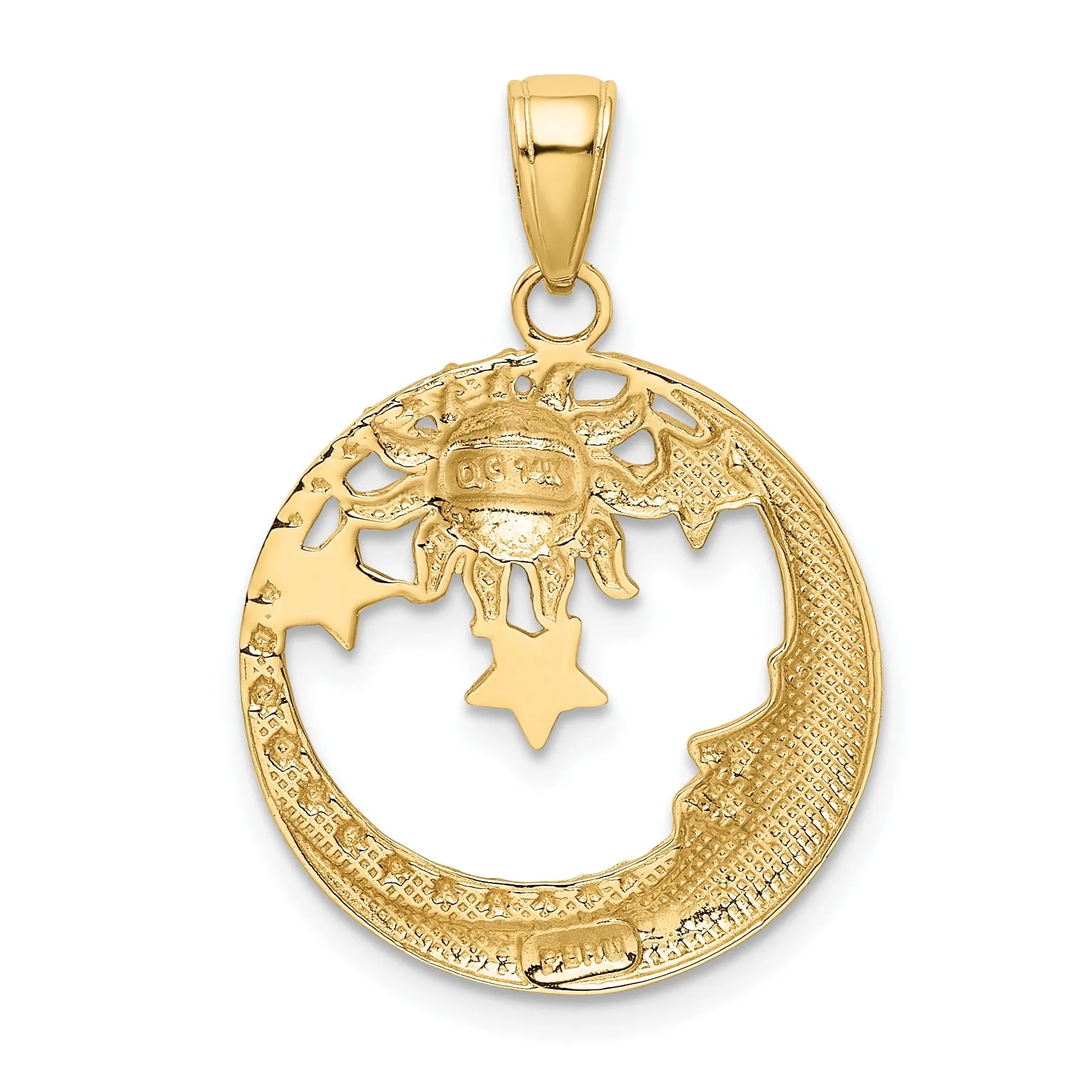 14k Yellow Gold White Rhodium Solid Textured Polished Finish Moon, Stars, and Sun Circle Design Charm Pendant