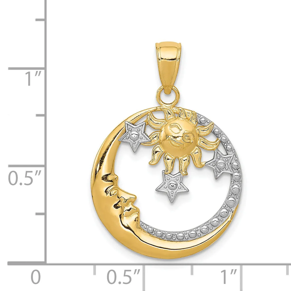 14k Yellow Gold White Rhodium Solid Textured Polished Finish Moon, Stars, and Sun Circle Design Charm Pendant