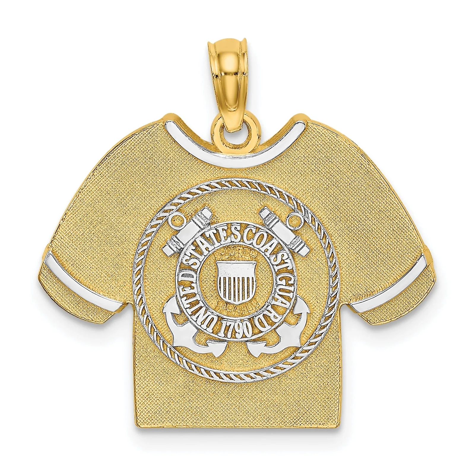 14k Yellow Gold, White Rhodium Textured Polished Finish US COAST GUARD T-Shirt Charm Pendant