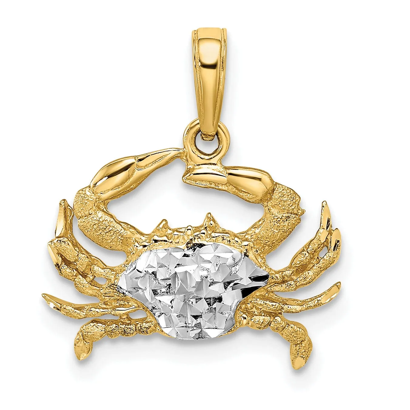 14k Yellow Gold WhiteRhodium Diamond Cut Polished Finish Solid Blue Claw Crab Charm Pendant