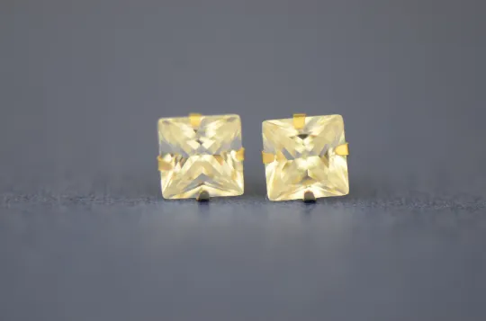 14K Yellow/White Gold Square CZ Princess Cut Stud Earrings for Womens Mens Kids / Everyday Earrings Jewelry / Aretes en Oro Solido Real para Mujer