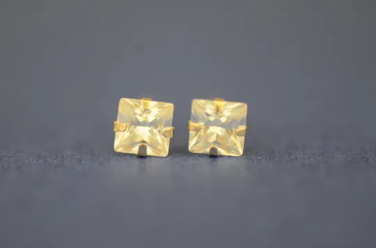 14K Yellow/White Gold Square CZ Princess Cut Stud Earrings for Womens Mens Kids / Everyday Earrings Jewelry / Aretes en Oro Solido Real para Mujer