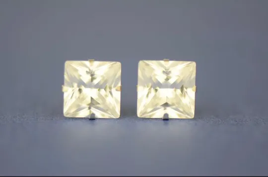 14K Yellow/White Gold Square CZ Princess Cut Stud Earrings for Womens Mens Kids / Everyday Earrings Jewelry / Aretes en Oro Solido Real para Mujer