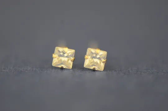 14K Yellow/White Gold Square CZ Princess Cut Stud Earrings for Womens Mens Kids / Everyday Earrings Jewelry / Aretes en Oro Solido Real para Mujer