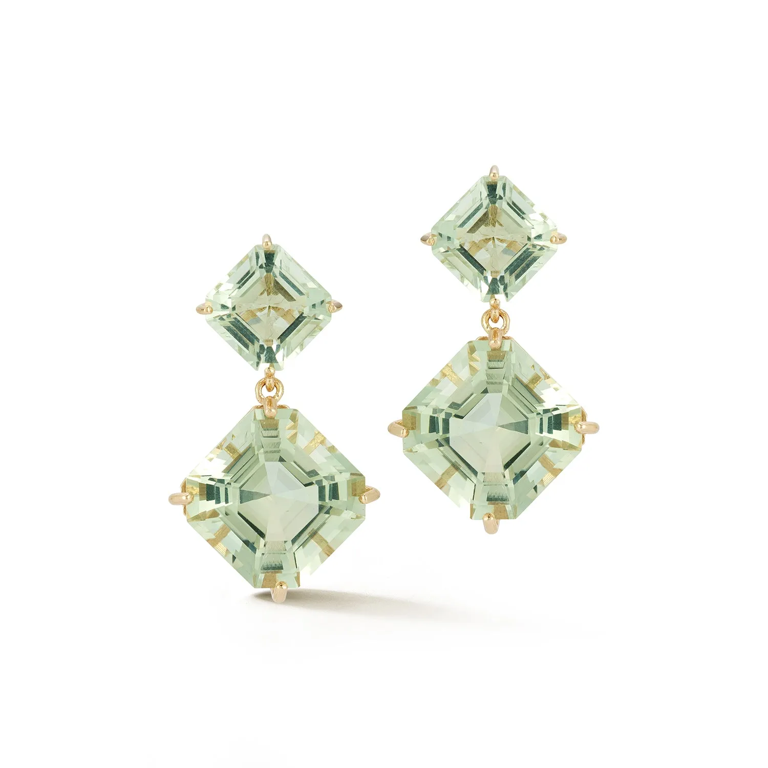 14kt Green Amethyst Asscher Cut Drop Earrings