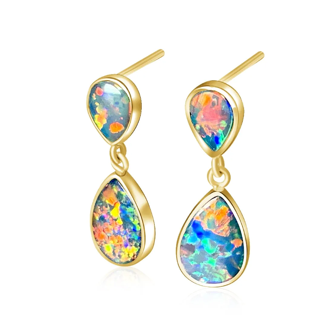 14kt Yellow Gold dangling Fire Opal doublet earrings 3.17ct