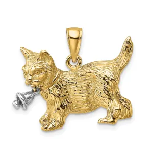 14kTwo-Tone Gold Textured Polished Finish Moveable Dangling Bell Cat Design Charm Pendant