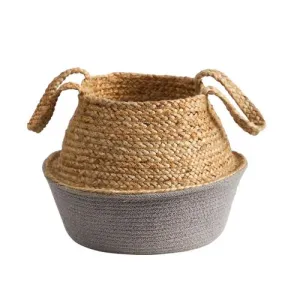 14" Boho Chic Handmade Cotton & Jute Gray Woven Planter