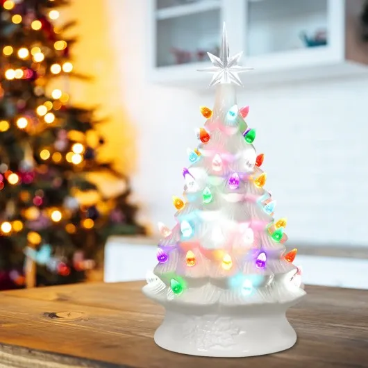 14" Pre-Lit Hand-Painted Ceramic Tabletop Christmas Tree