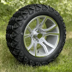 14" Slingshot Silver/Machined Aluminum Golf Cart Wheels and All Terrain Golf Cart Tires Combo - Set of 4 (Select your tire!)