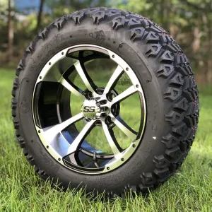 14" Storm Trooper Black/Machined Aluminum Golf Cart Wheels and 23x10-14 DOT All Terrain Off-Road Golf Cart Tires Combo - Set of 4 (Choose your tire!)