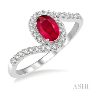 1/5 Ctw Embraced Oval Shape 6x4 MM Ruby & Round Cut Diamond Precious Ring in 10K White Gold