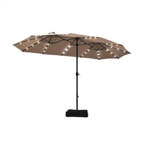 15 Ft Solar LED Patio Double-sided Umbrella Market Umbrella with Weight Base