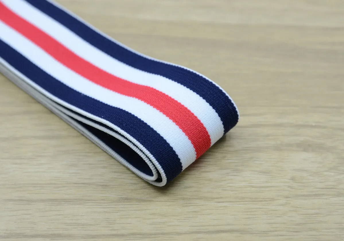 1.5 inch (40mm) Wide Colored  Plush Red White and Blue Thin Striped Elastic Band, Soft Waistband Elastic, Sewing Elastic