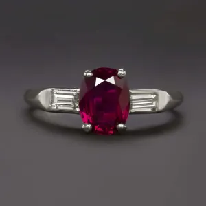 1.55ct RUBY DIAMOND VINTAGE RING PLATINUM OVAL SHAPE 3 STONE NATURAL ESTATE RED