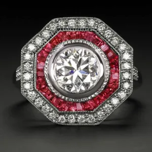 1.5ct DIAMOND RUBY COCKTAIL RING CERTIFIED VINTAGE STYLE HALO WHITE GOLD ROUND