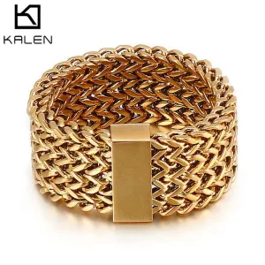 15mm New Stainless Steel Link Chain Ring High Polished Dubai Gold Color Mesh Men Cool Jewelry Accessories