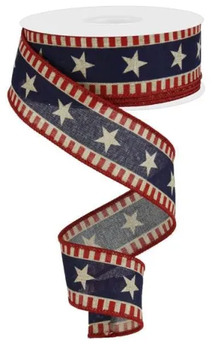 1.5" Bold Star/Stripe Ribbon: Red/Beige/Blue - 10yds