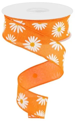 1.5" Daisy Print on Royal Burlap Ribbon: Orange - 10yds