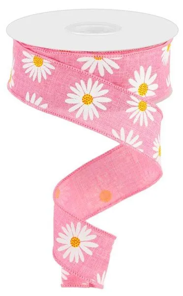 1.5" Daisy Print on Royal Burlap Ribbon: Pink  - 10yds