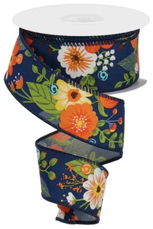 1.5" Graphic Floral Ribbon: Navy/Org/Grn