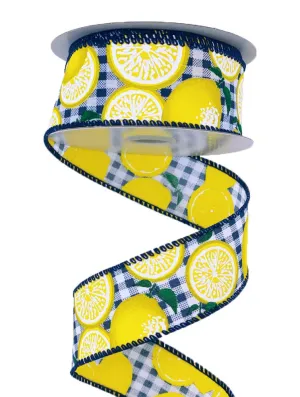 1.5" Lemon on Navy Gingham Ribbon - 10yds