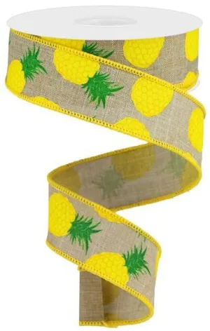 1.5" Pineapple Print Ribbon: Beige - 10yds