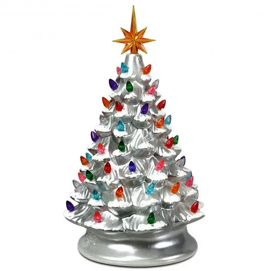 15" Pre-Lit Hand-Painted Ceramic Christmas Tree-Silver