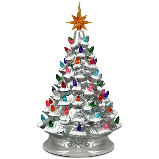 15" Pre-Lit Hand-Painted Ceramic Christmas Tree-Silver