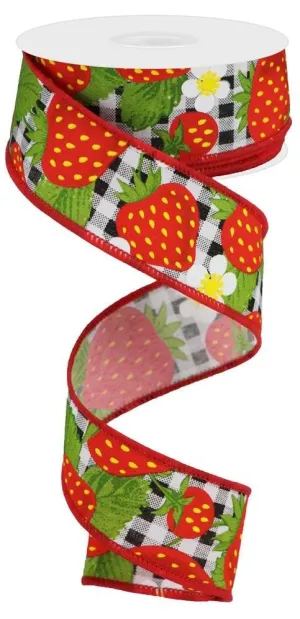 1.5" Strawberries on Check Ribbon: Blk/Wht - 10yds