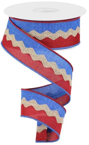 1.5"x10yd 2-In-1 Ricrac On Royal Burlap, Red/Blue/Light Beige  MA28