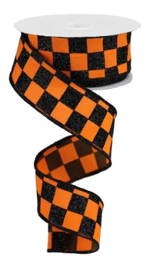 1.5"x10yd Glitter Check, Orange/Black  JY18